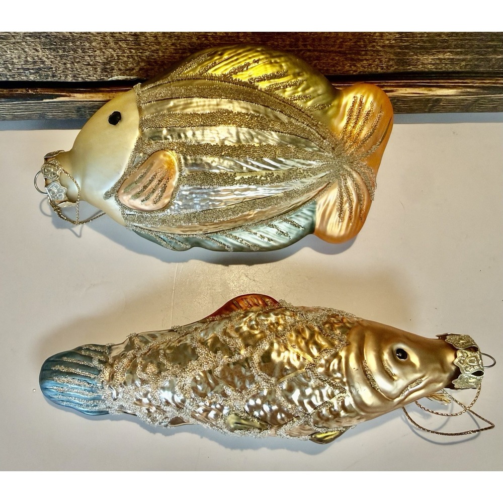 2 Vintage RARE German Figural Fish Christmas Tree Ornaments Hand Blown Glass